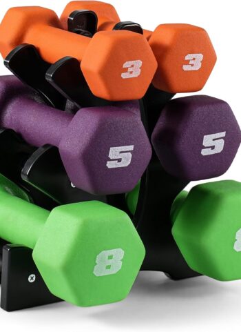 CAP 32 LB Set of Neoprene Dumbbells with Rack | 3, 5, 8 LB pairs